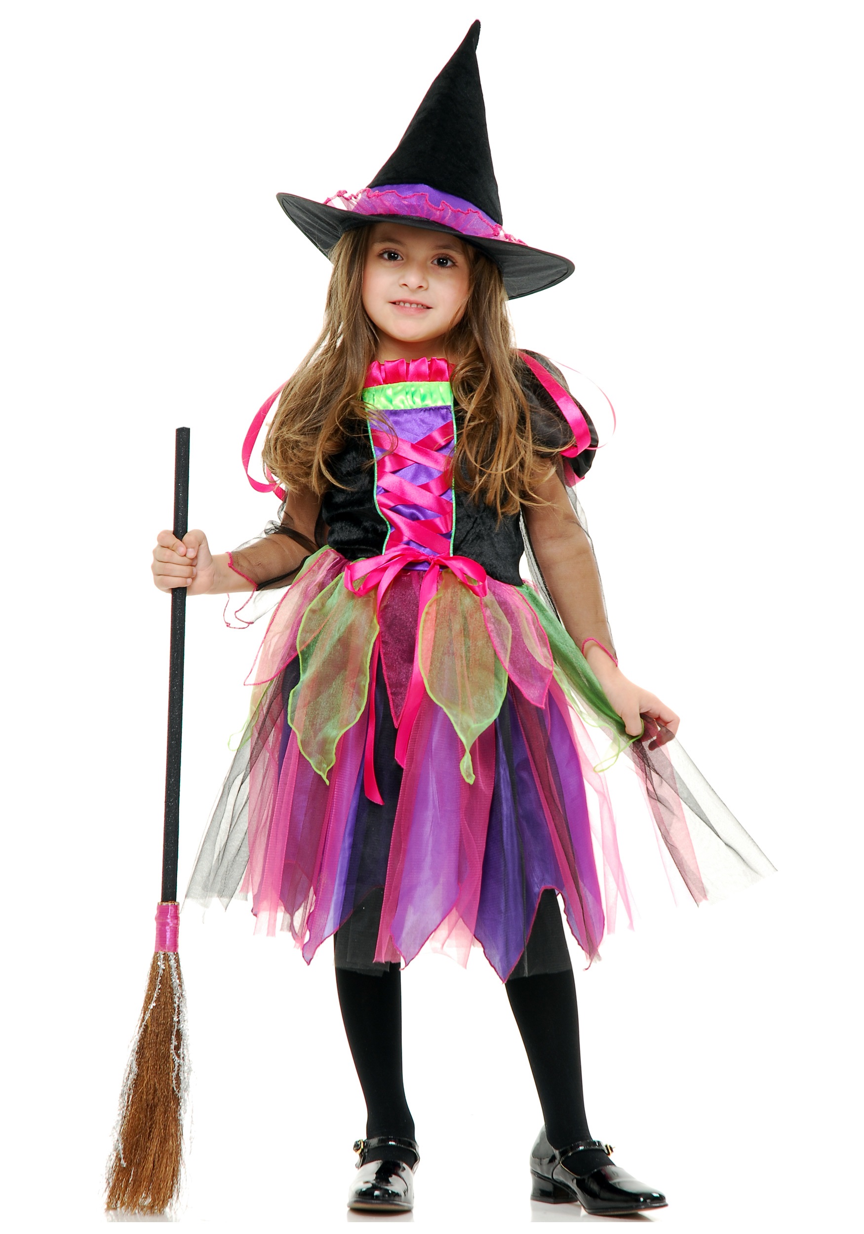 GIRLS RAINBOW WITCH COSTUME Child Halloween Colourful Witch Fancy Dress Out...
