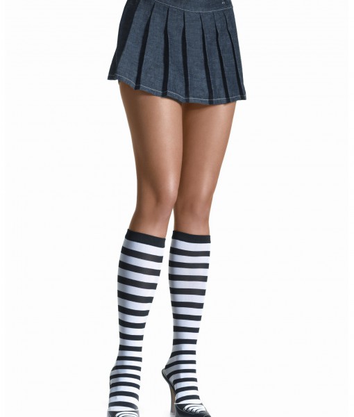 Black / White Striped Knee High Stockings