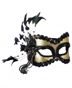 Black and Gold Sequin and Feather Mardi Gras Mask