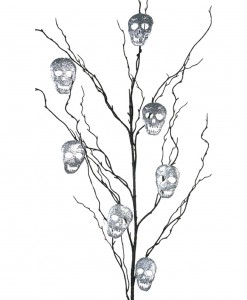 50 Black Glitter Branch w/Silver Skulls