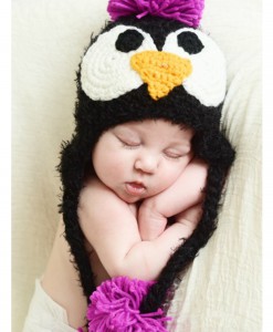 Infant Black Feather Penguin Hat with Pink Accents