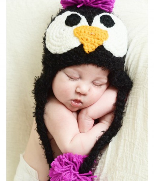 Infant Black Feather Penguin Hat with Pink Accents
